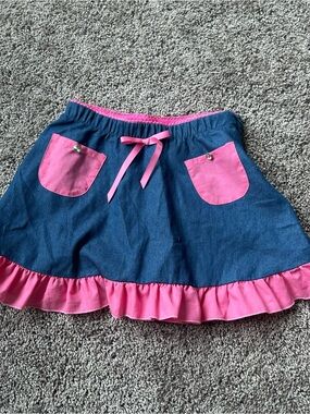 Dolls Kill Navy Blue Denim Mini Skirt with Pink Accents